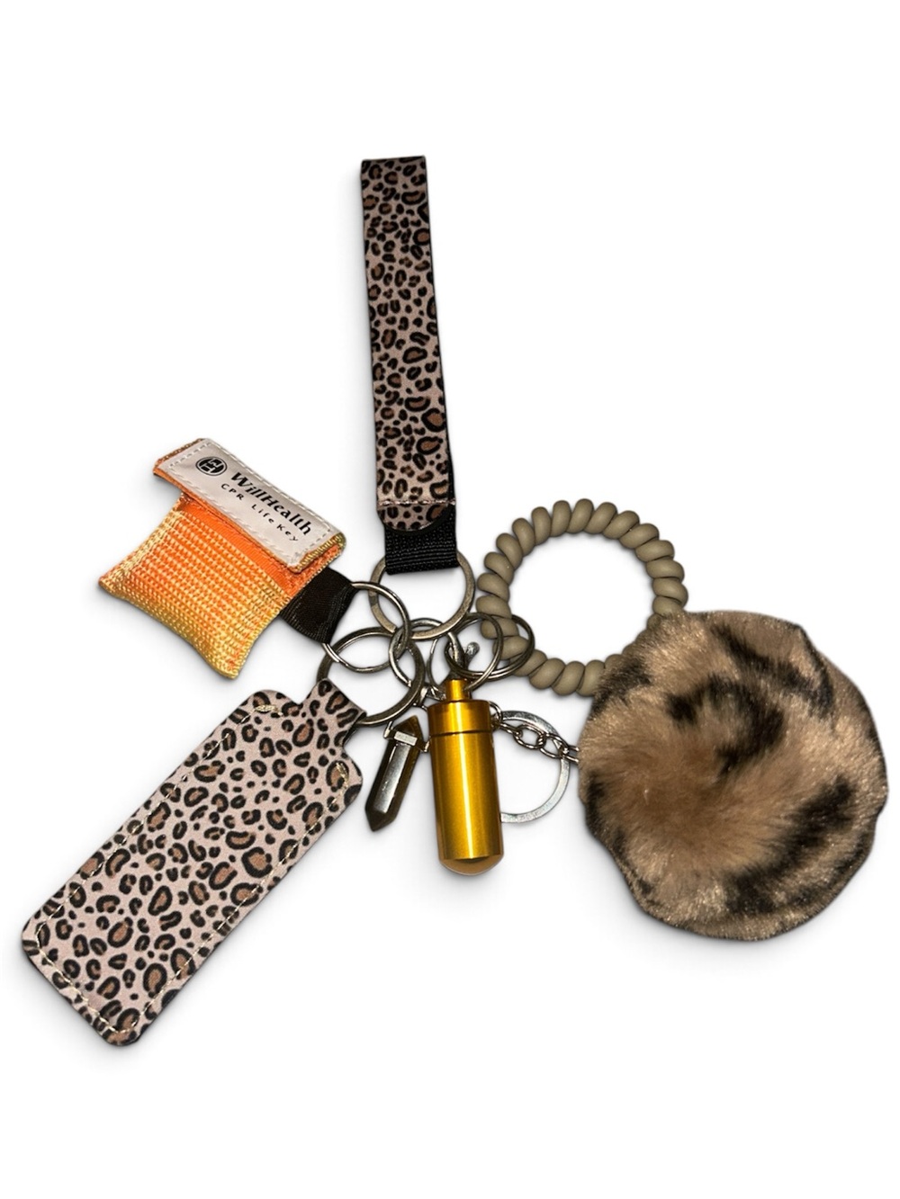 Leopard Print Wristlet Key & Card Holder with Tan Faux Fur Pom